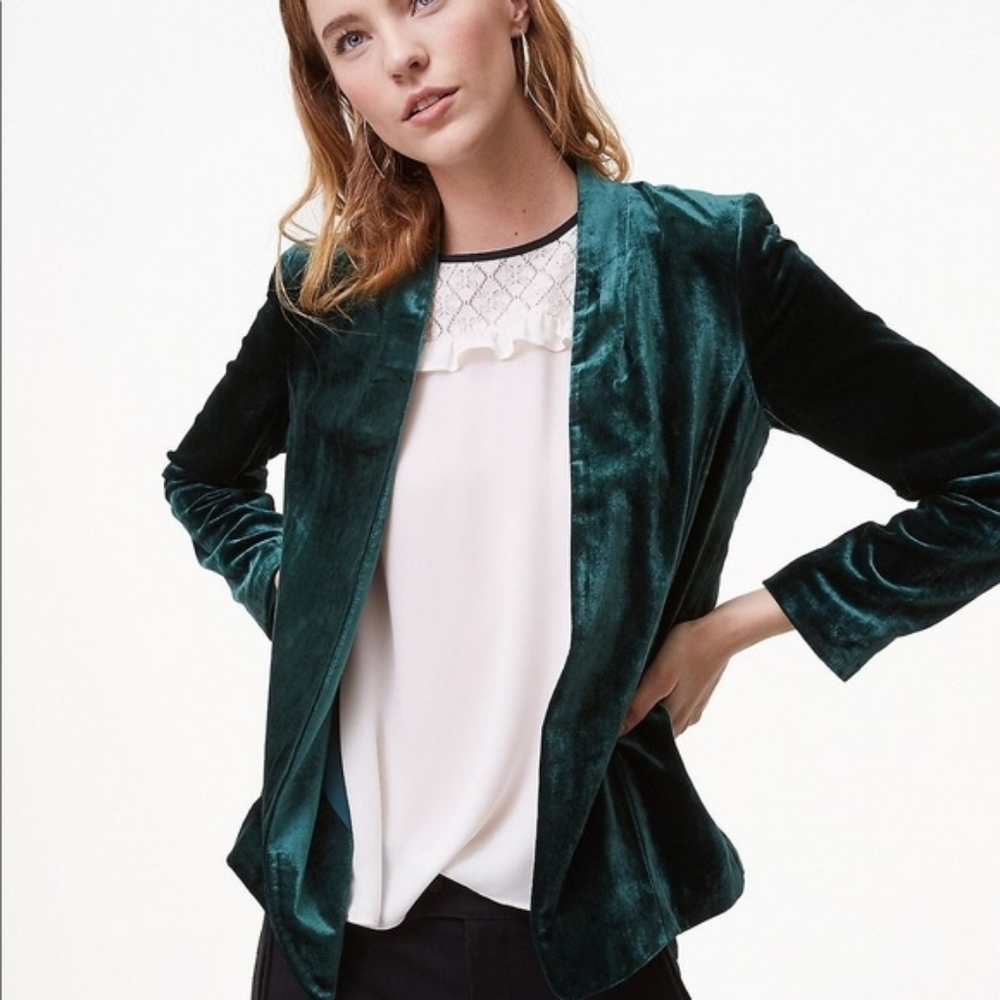Loft Emerald Green Velvet Open Front Blazer Jacket